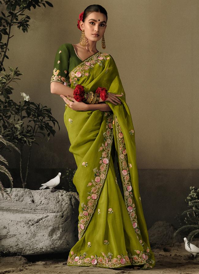 Pure Fancy Fabric Olive Green Wedding Wear Heavy Embroidery Work Saree